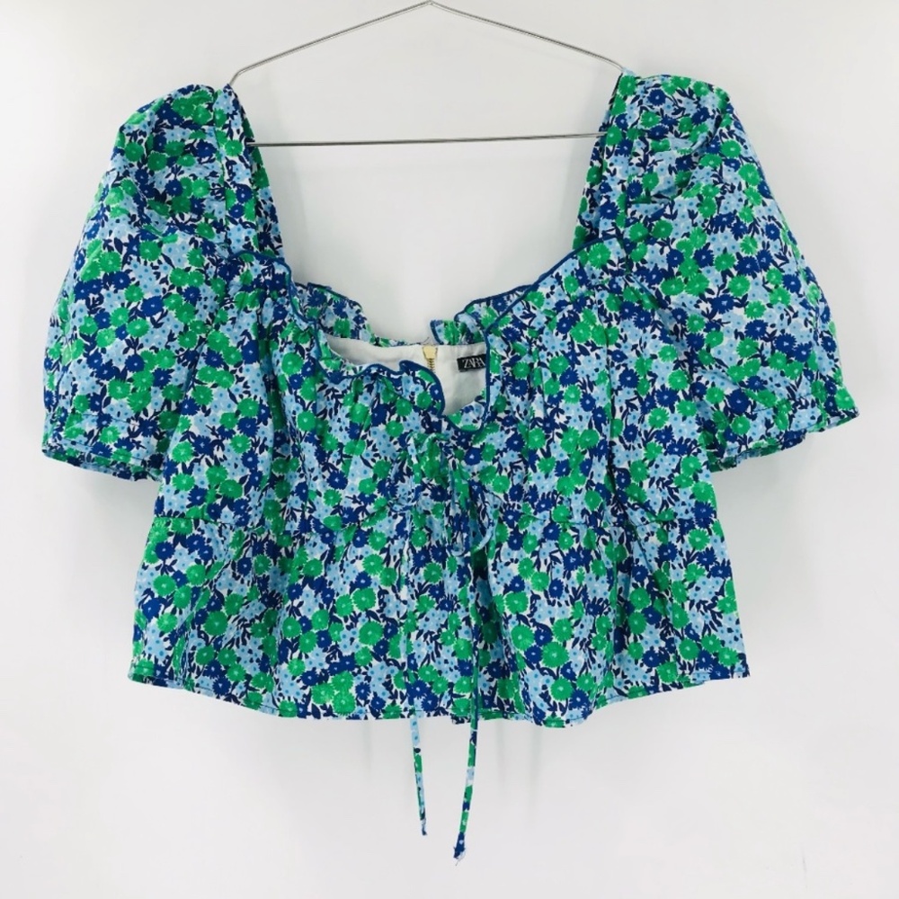 Zara Puff Sleeve Floral Crop Top Blue Green Size Small